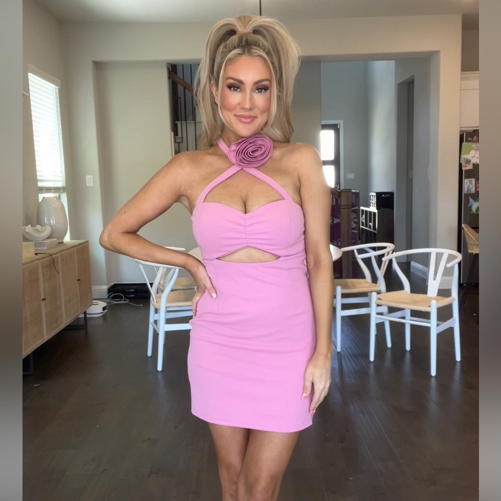 Pink Floral Applique Mini Dress
